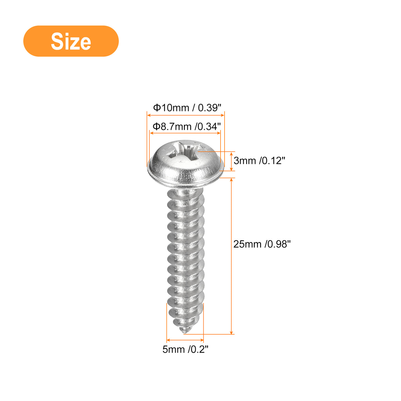uxcell Uxcell ST5x25mm Phillips Pan Head Self-tapping Screw with Washer, 50pcs - 304 Stainless Steel Wood Screw Full Thread (Silver)