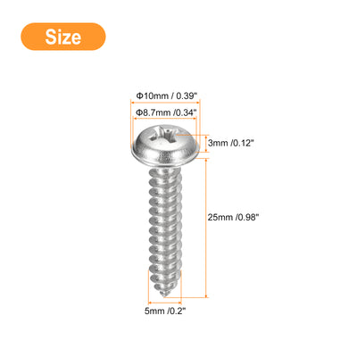 Harfington Uxcell ST5x25mm Phillips Pan Head Self-tapping Screw with Washer, 50pcs - 304 Stainless Steel Wood Screw Full Thread (Silver)