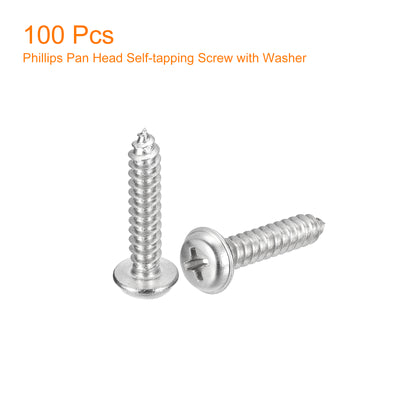 Harfington Uxcell ST5x25mm Phillips Pan Head Self-tapping Screw with Washer, 100pcs - 304 Stainless Steel Wood Screw Full Thread (Silver)