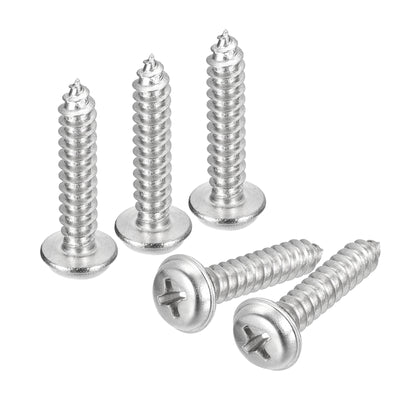 Harfington Uxcell ST5x25mm Phillips Pan Head Self-tapping Screw with Washer, 100pcs - 304 Stainless Steel Wood Screw Full Thread (Silver)