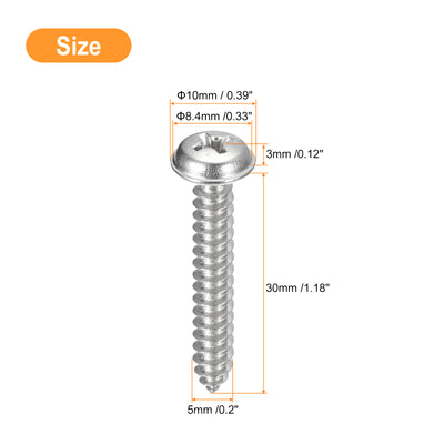 Harfington Uxcell ST5x30mm Phillips Pan Head Self-tapping Screw with Washer, 50pcs - 304 Stainless Steel Wood Screw Full Thread (Silver)