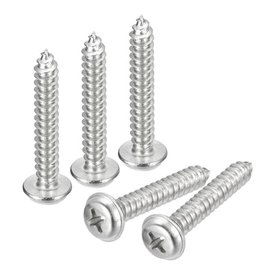 Harfington Uxcell ST5x30mm Phillips Pan Head Self-tapping Screw with Washer, 50pcs - 304 Stainless Steel Wood Screw Full Thread (Silver)