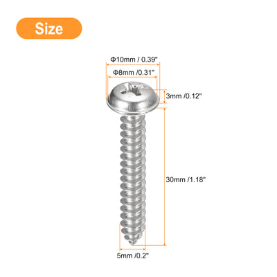 Harfington Uxcell ST5x30mm Phillips Pan Head Self-tapping Screw with Washer, 100pcs - 304 Stainless Steel Wood Screw Full Thread (Silver)