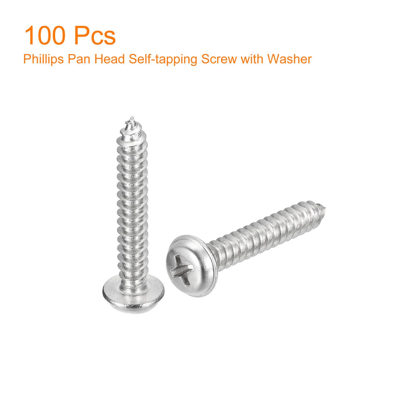 uxcell Uxcell ST5x30mm Phillips Pan Head Self-tapping Screw with Washer, 100pcs - 304 Stainless Steel Wood Screw Full Thread (Silver)