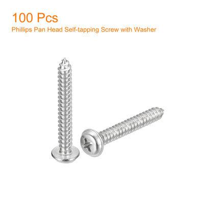 Harfington Uxcell ST5x35mm Phillips Pan Head Self-tapping Screw with Washer, 100pcs - 304 Stainless Steel Wood Screw Full Thread (Silver)
