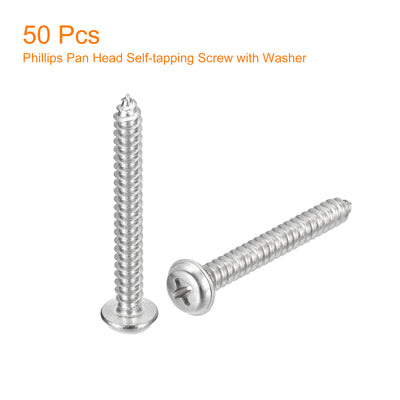 Harfington Uxcell ST5x40mm Phillips Pan Head Self-tapping Screw with Washer, 50pcs - 304 Stainless Steel Wood Screw Full Thread (Silver)