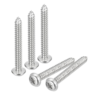 Harfington Uxcell ST5x40mm Phillips Pan Head Self-tapping Screw with Washer, 50pcs - 304 Stainless Steel Wood Screw Full Thread (Silver)