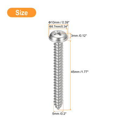 Harfington Uxcell ST5x45mm Phillips Pan Head Self-tapping Screw with Washer, 50pcs - 304 Stainless Steel Wood Screw Full Thread (Silver)