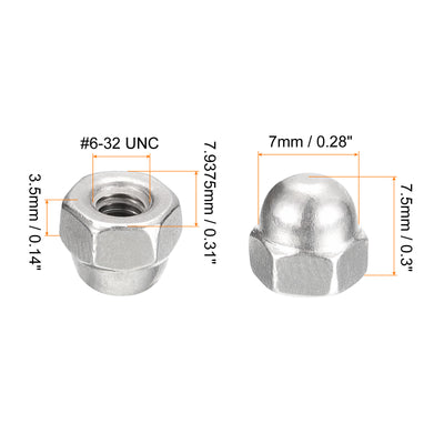 Harfington Uxcell #6-32 Acorn Cap Nuts,50pcs - 304 Stainless Steel Hardware Nuts, Acorn Hex Cap Dome Head Nuts for Fasteners (Silver)