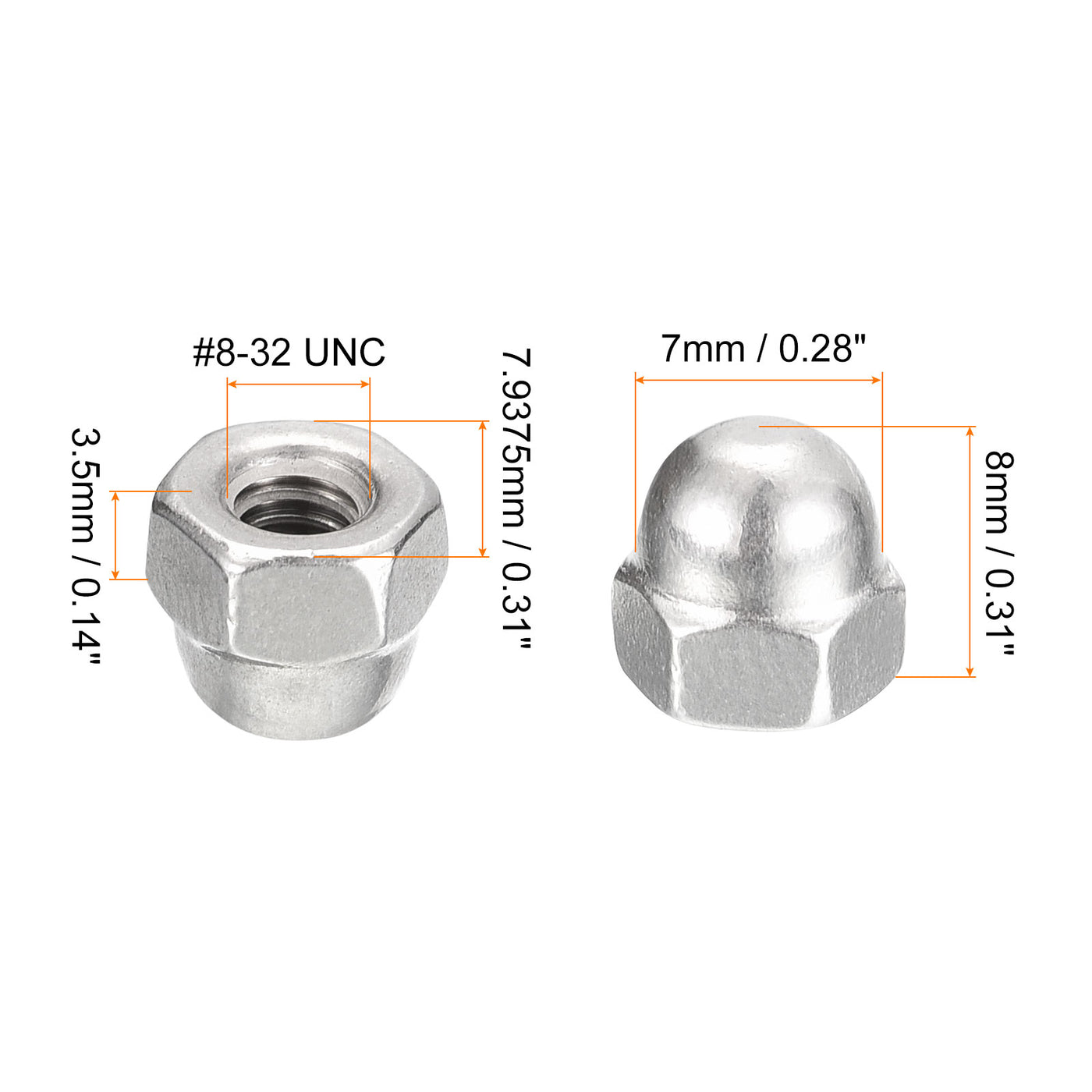 uxcell Uxcell #8-32 Acorn Cap Nuts,50pcs - 304 Stainless Steel Hardware Nuts, Acorn Hex Cap Dome Head Nuts for Fasteners (Silver)