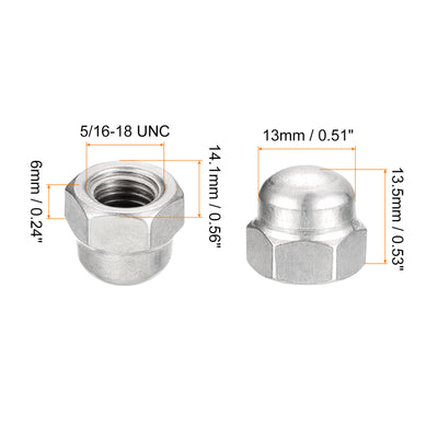 Harfington Uxcell 5/16-18 Acorn Cap Nuts,50pcs - 304 Stainless Steel Hardware Nuts, Acorn Hex Cap Dome Head Nuts for Fasteners (Silver)