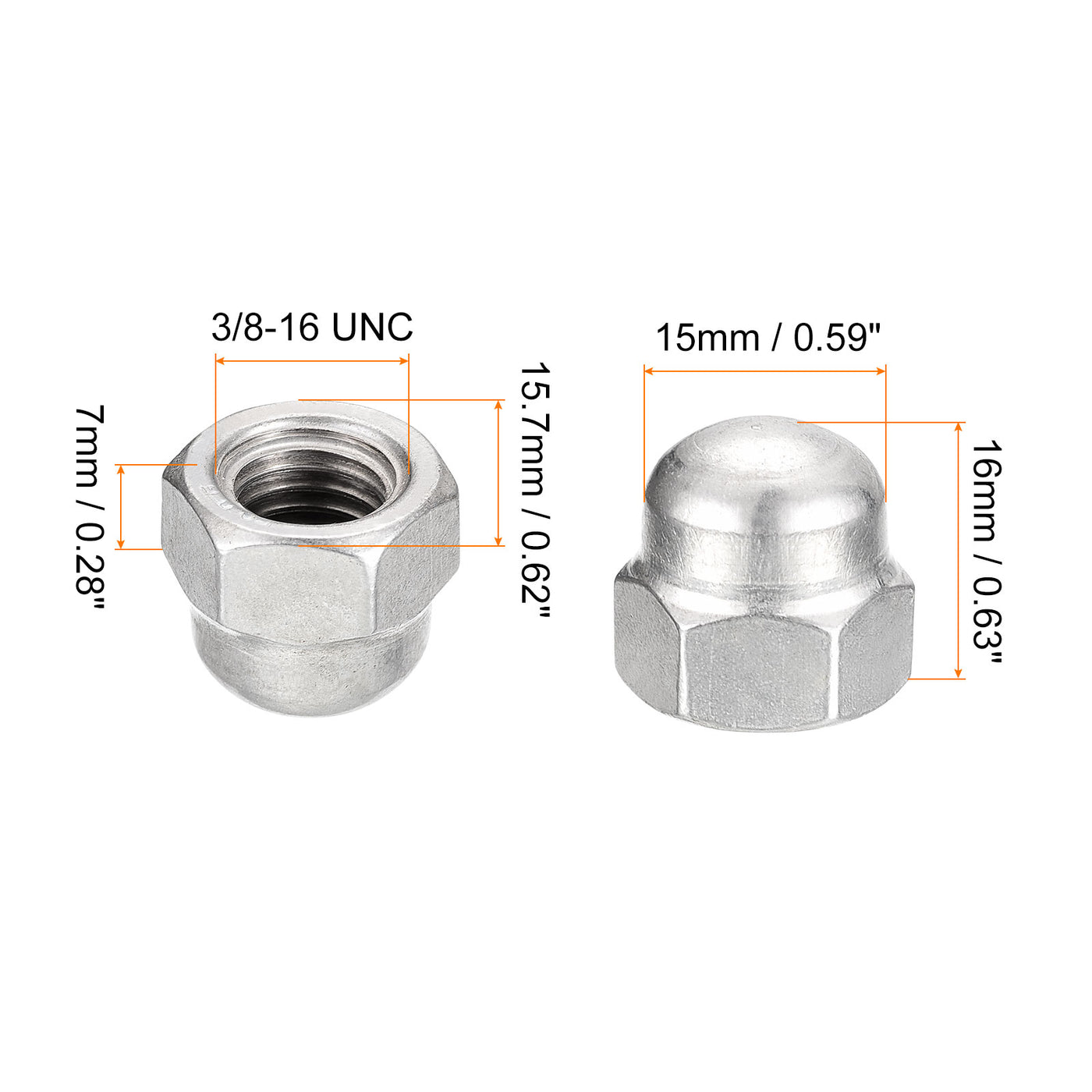 uxcell Uxcell 3/8-16 Acorn Cap Nuts,25pcs - 304 Stainless Steel Hardware Nuts, Acorn Hex Cap Dome Head Nuts for Fasteners (Silver)