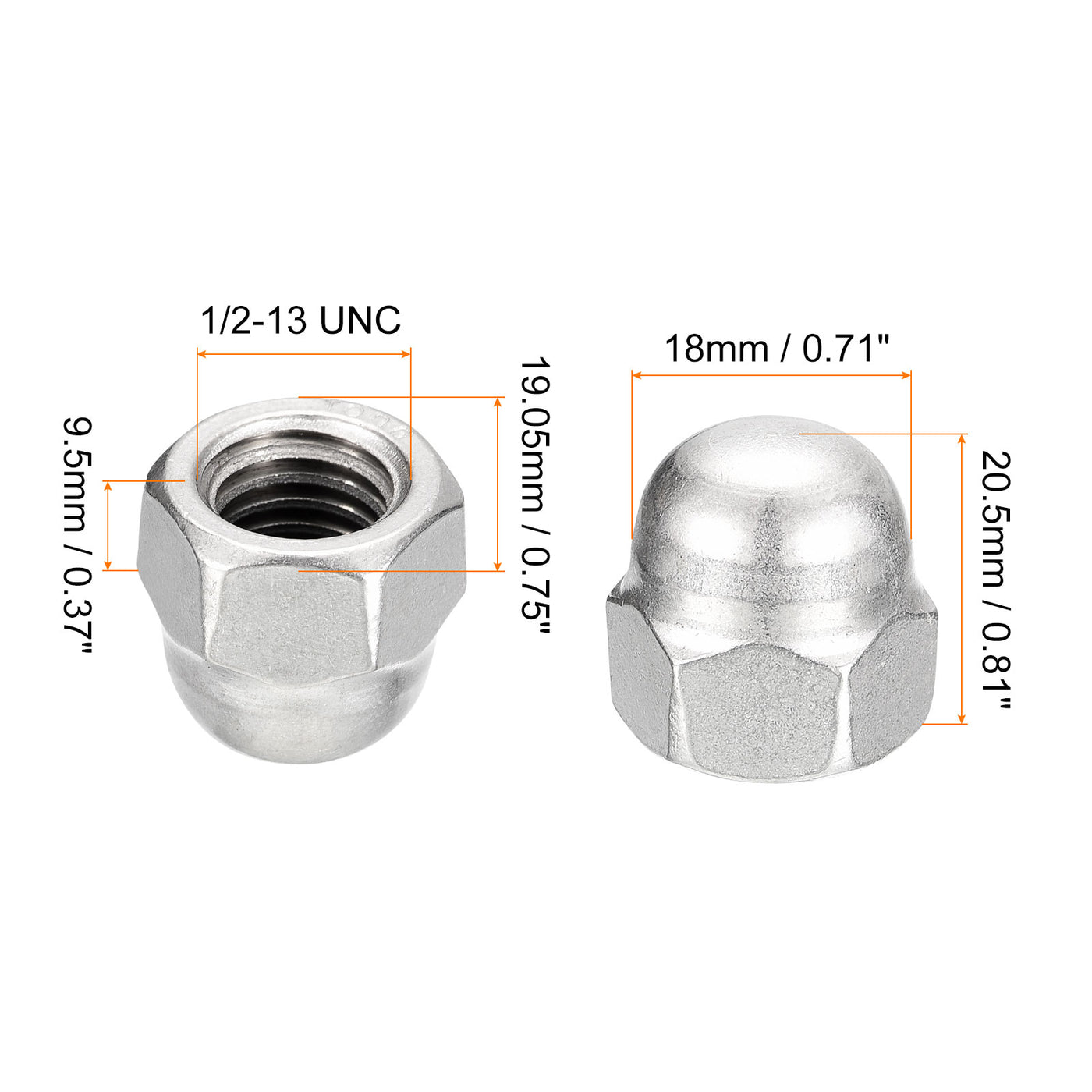 uxcell Uxcell 1/2-13 Acorn Cap Nuts,5pcs - 304 Stainless Steel Hardware Nuts, Acorn Hex Cap Dome Head Nuts for Fasteners (Silver)