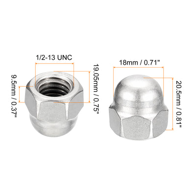 Harfington Uxcell 1/2-13 Acorn Cap Nuts,5pcs - 304 Stainless Steel Hardware Nuts, Acorn Hex Cap Dome Head Nuts for Fasteners (Silver)