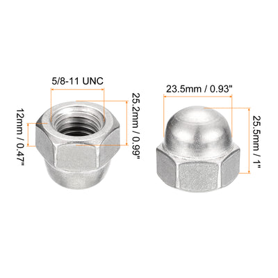 Harfington Uxcell 5/8-11 Acorn Cap Nuts,5pcs - 304 Stainless Steel Hardware Nuts, Acorn Hex Cap Dome Head Nuts for Fasteners (Silver)