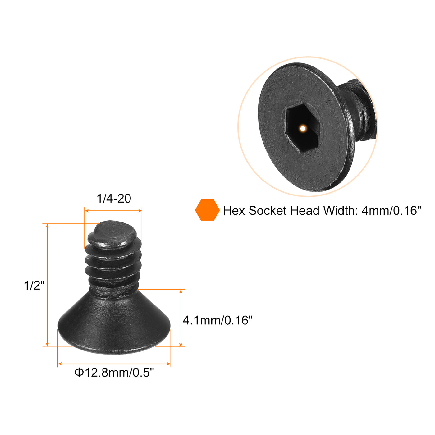 uxcell Uxcell 1/4-20x1/2" Flat Head Socket Cap Screws, 10.9 Grade Carbon Steel, 20PCS