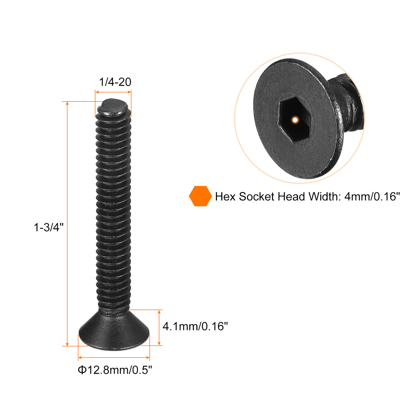 uxcell Uxcell 1/4-20x1-3/4" Flat Head Socket Cap Screws, 10.9 Grade Carbon Steel, 20PCS