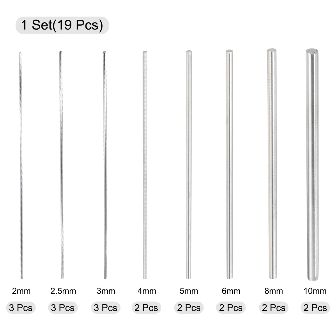 Harfington 19Pcs 304 Stainless Steel Round Rods 2/2.5/3/4/5/6/8/10mm Dia 200mm Length