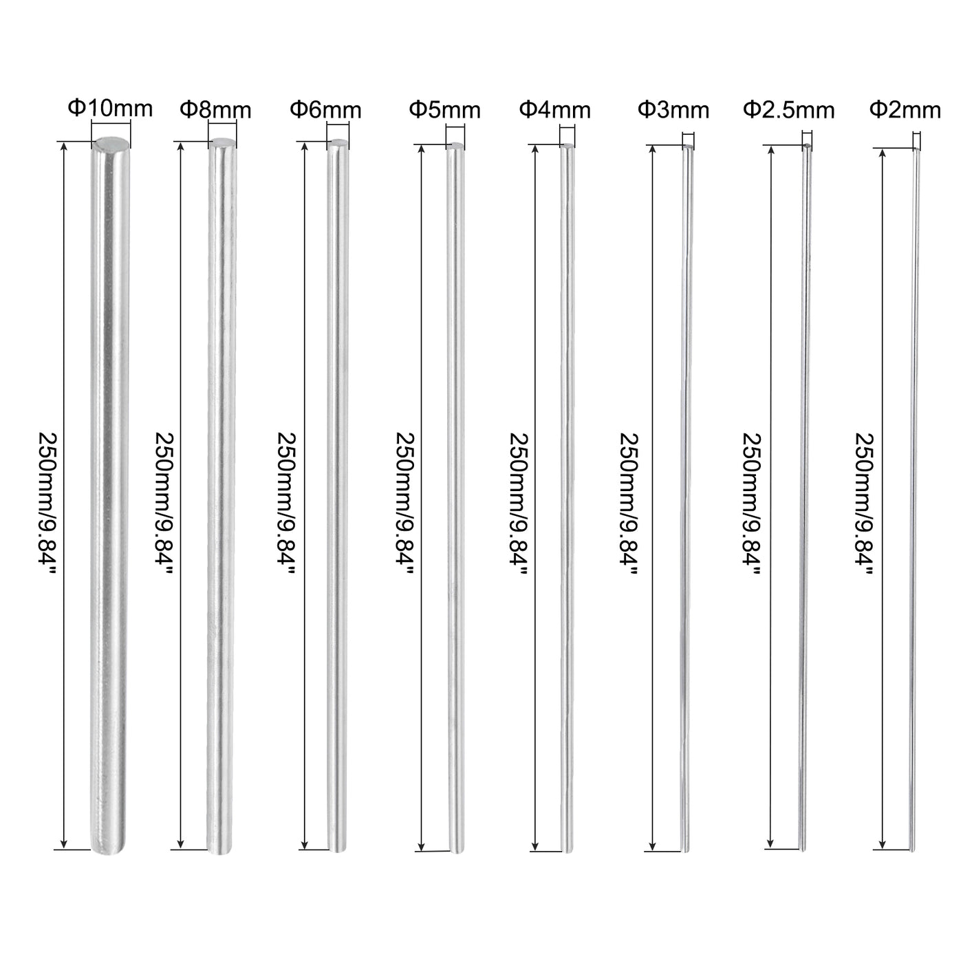 Harfington 19Pcs 304 Stainless Steel Round Rods 2/2.5/3/4/5/6/8/10mm Dia 250mm Length
