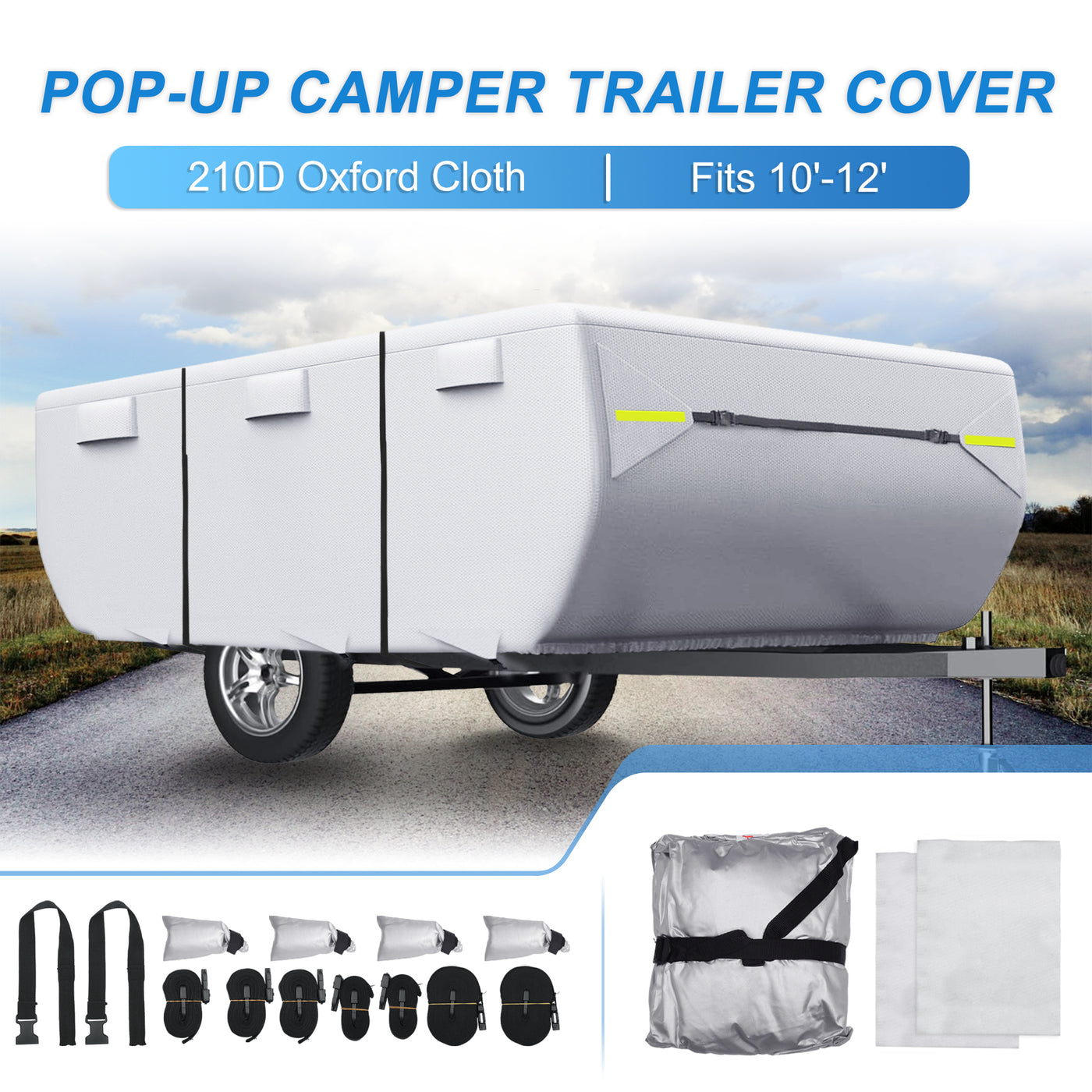 uxcell Uxcell Waterproof Pop-up Camper Trailer Cover Fits 10'-12' RV Cover Anti-UV with 3+2 Straps and Air Vents Protection for Motorhome Silver Tone