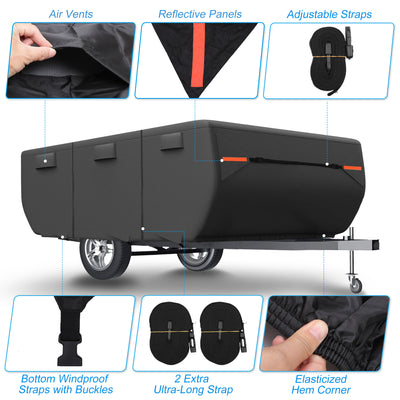 Harfington Uxcell Waterproof Pop-up Camper Trailer Cover Fits 12'-14' RV Cover Anti-UV with 3+2 Straps and Air Vents Protection for Motorhome Black