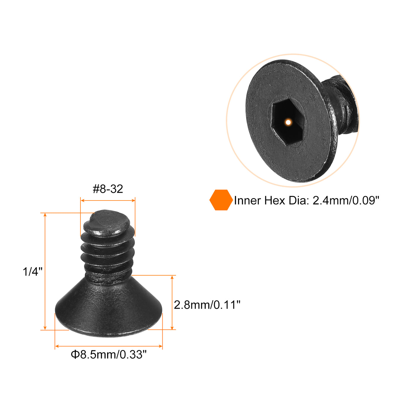 uxcell Uxcell #8-32x1/4" Flat Head Socket Cap Screws, 10.9 Grade Carbon, Black, 20pcs