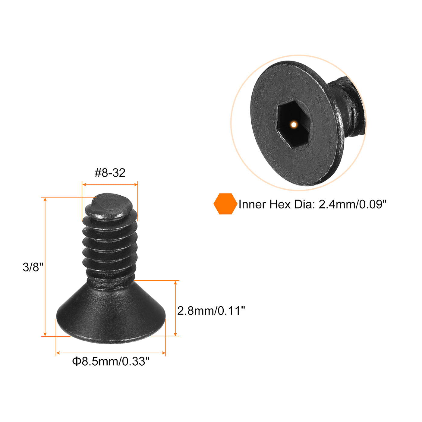 uxcell Uxcell #8-32x3/8" Flat Head Socket Cap Screws, 10.9 Grade Carbon, Black, 20pcs