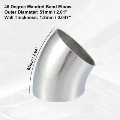 Harfington OD 2" 45 Degree Mandrel Bend Exhaust Elbow Pipe SS304 Stainless Steel Bend Tube 20GA /.036" Wall Thickness Exhaust Piping for Car Exhaust Pipe Elbow Modified Silver Tone 1pcs