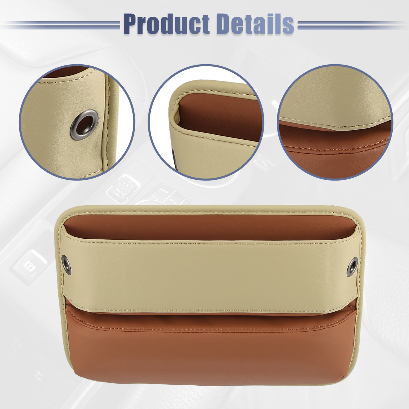 ACROPIX Brown Beige PU Leather Car Seat Gap Filler Multi-function Car Seat Organizer Console Side Pocket Storage Box - Pack of 1
