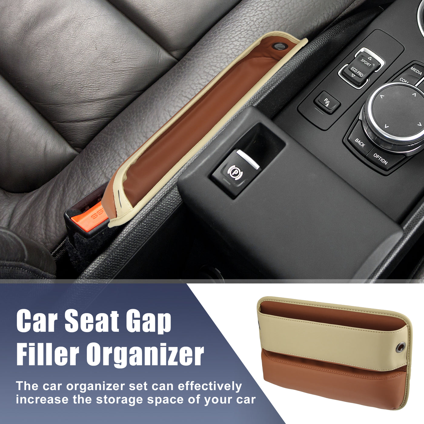 ACROPIX Beige Brown PU Leather Car Seat Gap Filler Multi-function Car Seat Organizer Console Side Pocket Storage Box - Pack of 2