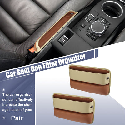 Harfington Beige Brown PU Leather Car Seat Gap Filler Multi-function Car Seat Organizer Console Side Pocket Storage Box - Pack of 2