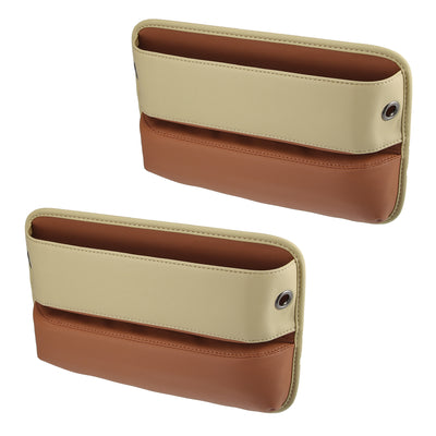 Harfington Beige Brown PU Leather Car Seat Gap Filler Multi-function Car Seat Organizer Console Side Pocket Storage Box - Pack of 2