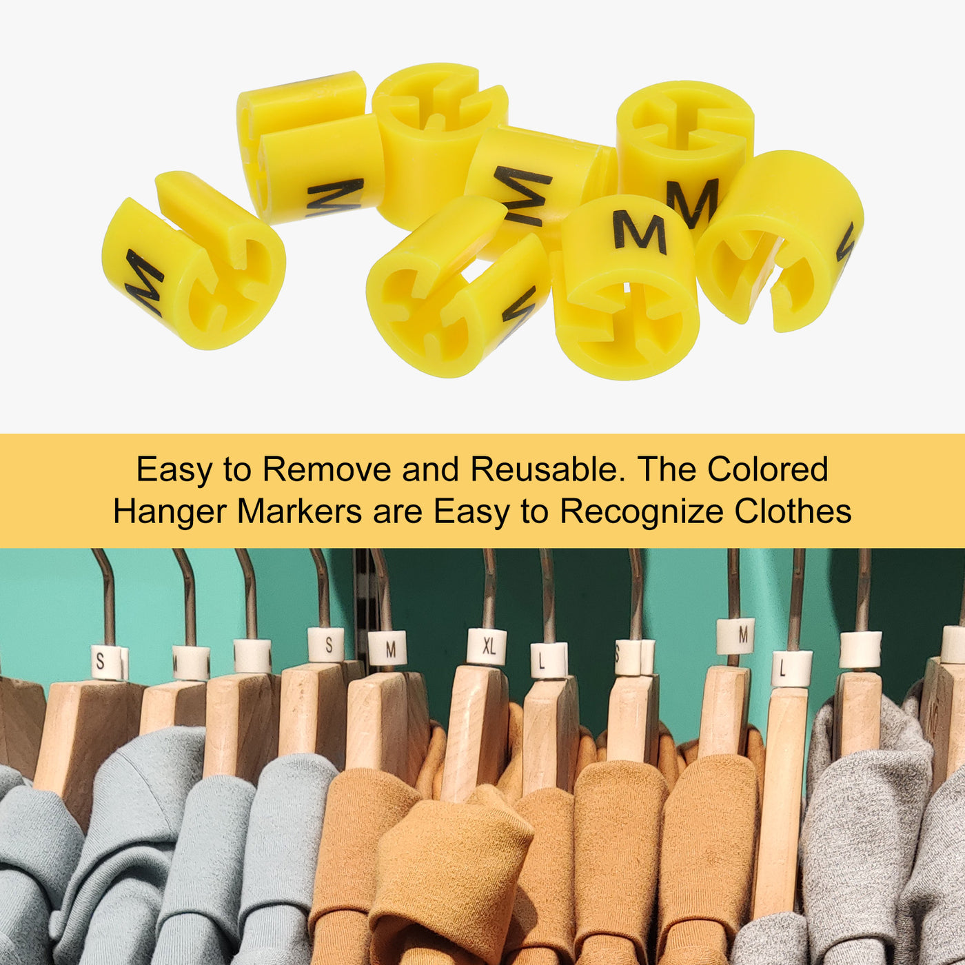Harfington Clothes Hanger Marker M Size Tag Yellow Fit 3.5mm Rod for Garment Clothing Color Coding, Pack of 150
