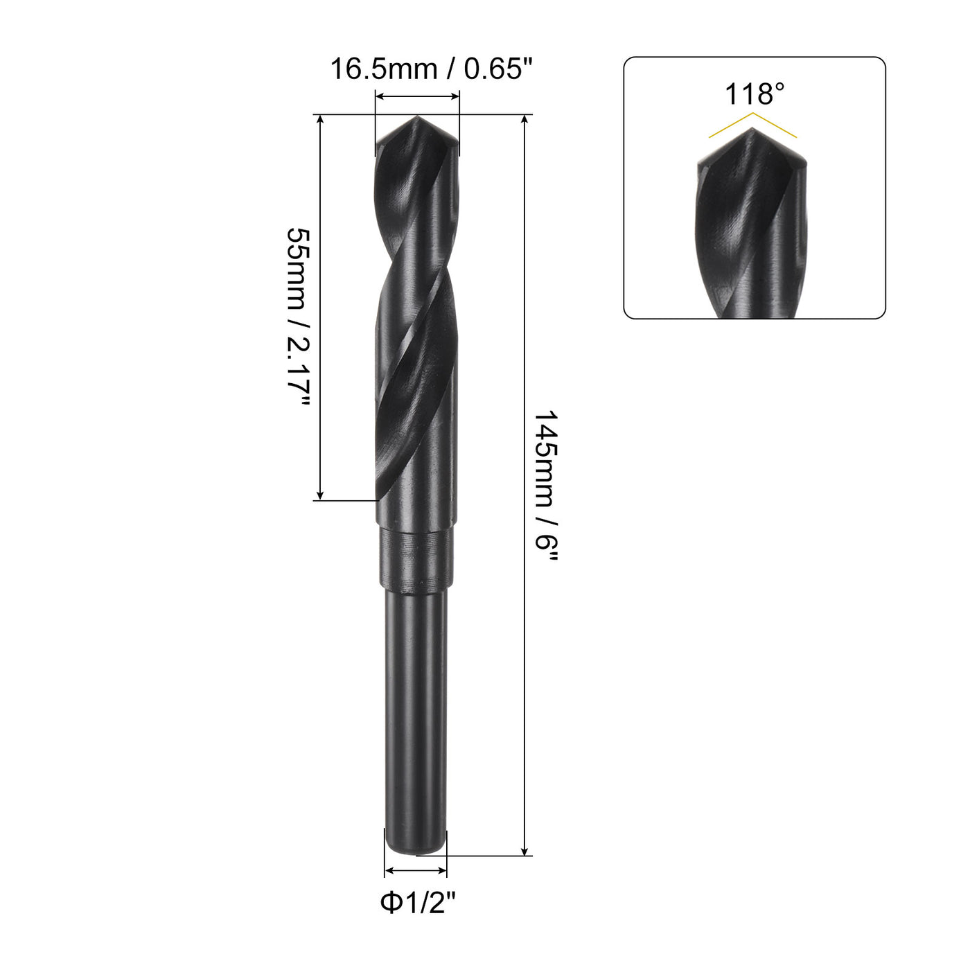 uxcell Uxcell 2pcs 16.5mm Black Oxide High Speed Steel HSS 9341 1/2" Reduced Shank Drill Bits