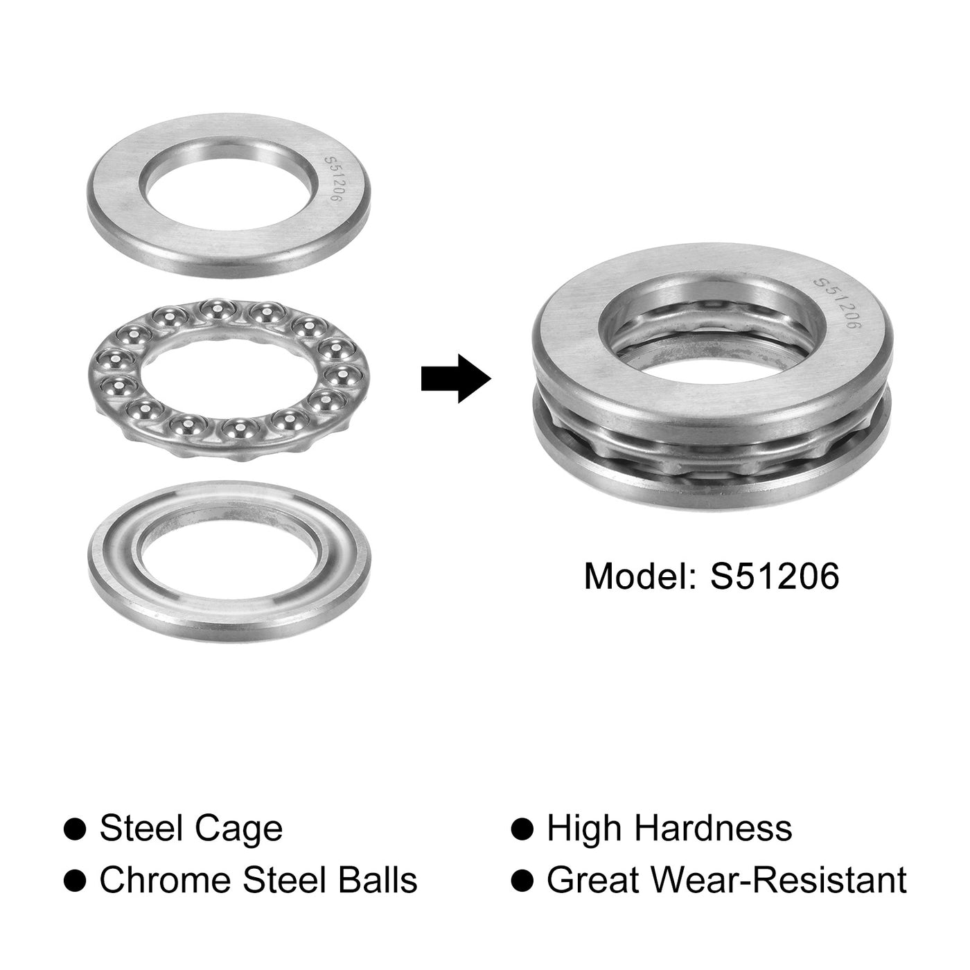 uxcell Uxcell S51206 Thrust Ball Bearing 30x52x16mm Stainless Steel with Washers 2pcs