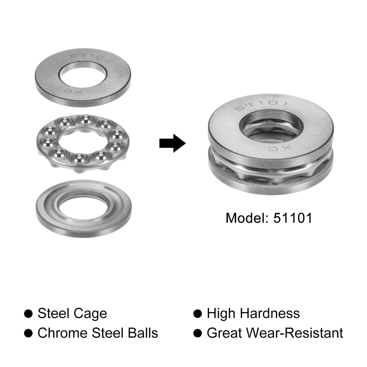 uxcell Uxcell 51101 Thrust Ball Bearing 12x26x9mm High Carbon Steel with Washers 4pcs