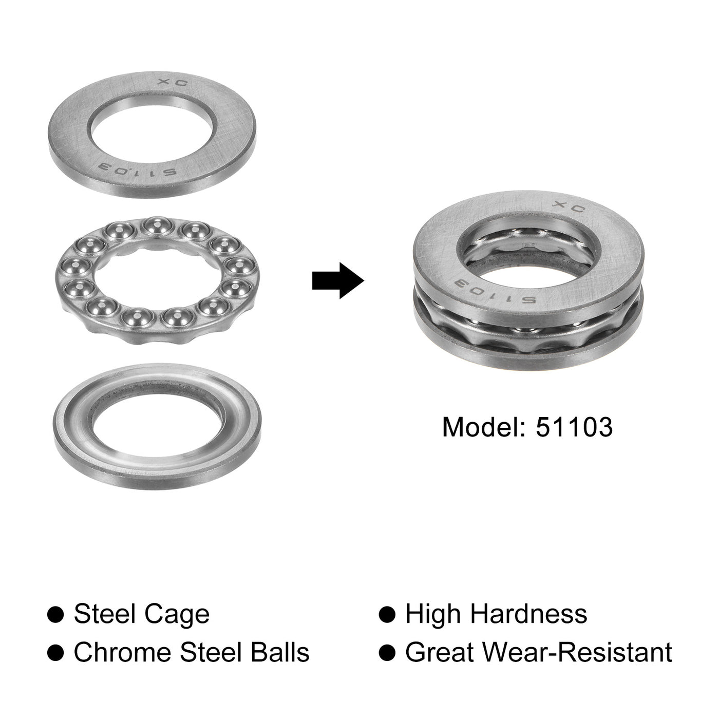 uxcell Uxcell 51103 Thrust Ball Bearing 17x30x9mm High Carbon Steel with Washers 2pcs