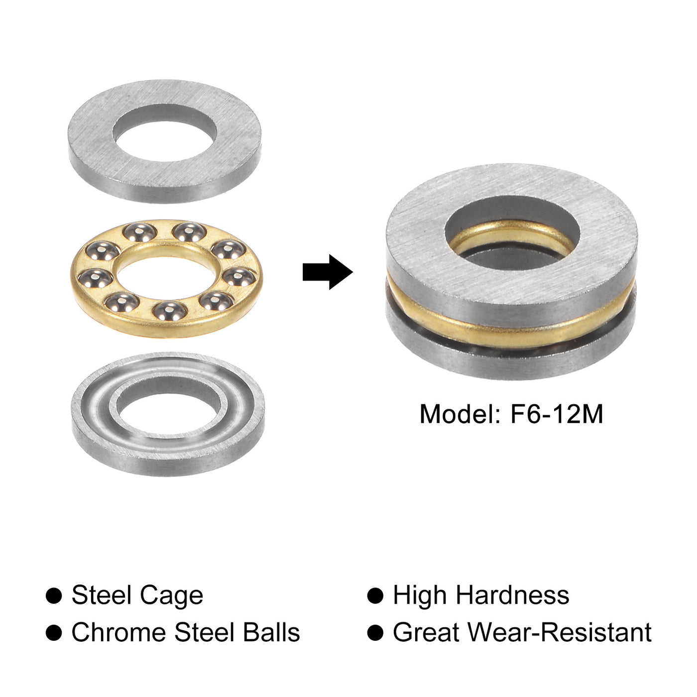 uxcell Uxcell F6-12M Thrust Ball Bearing 6x12x4.5mm Brass with Washers ABEC3 1pcs