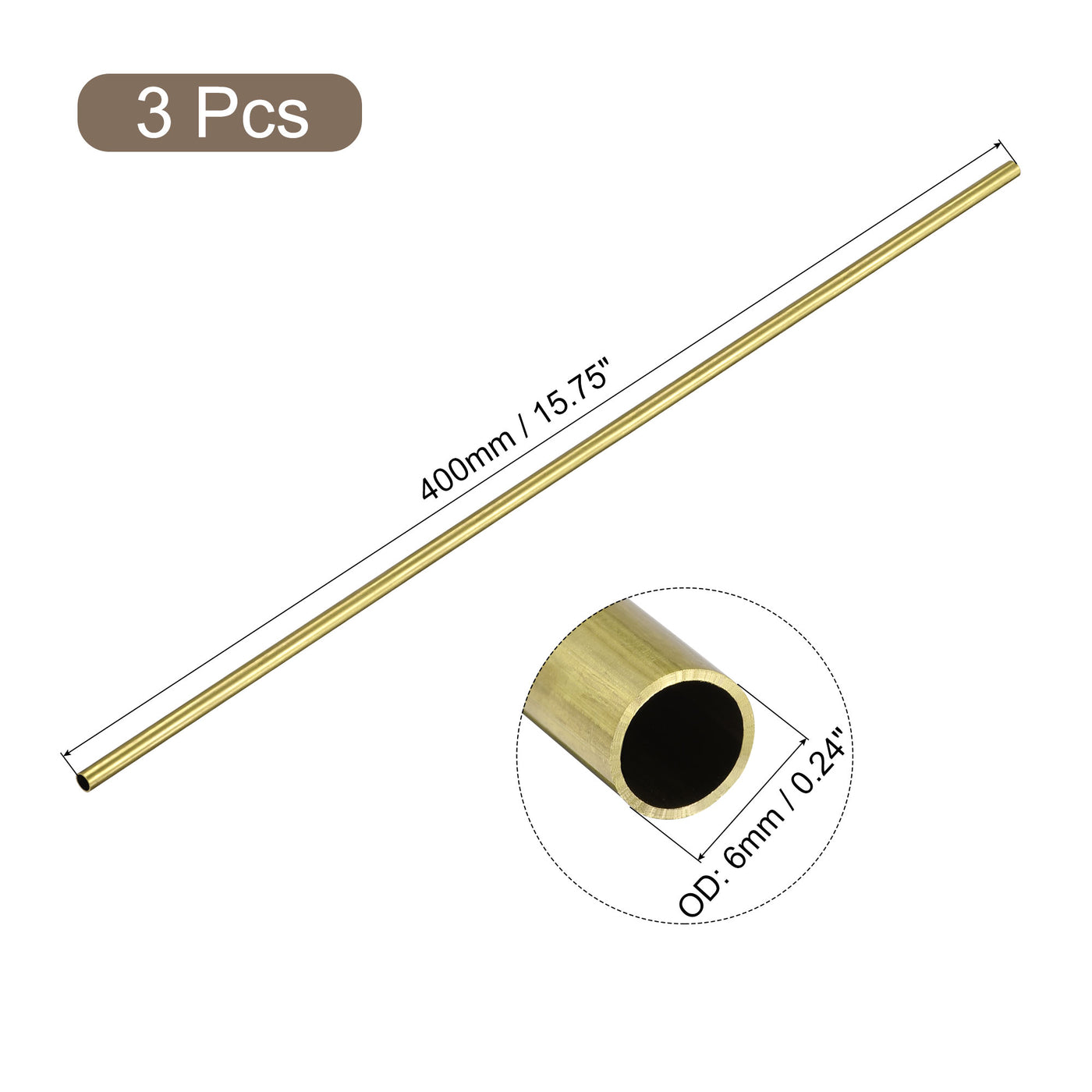 uxcell Uxcell 3Pcs 6mm x 0.5mm x 400mm Seamless Straight Brass Tube for Industry DIY Projects