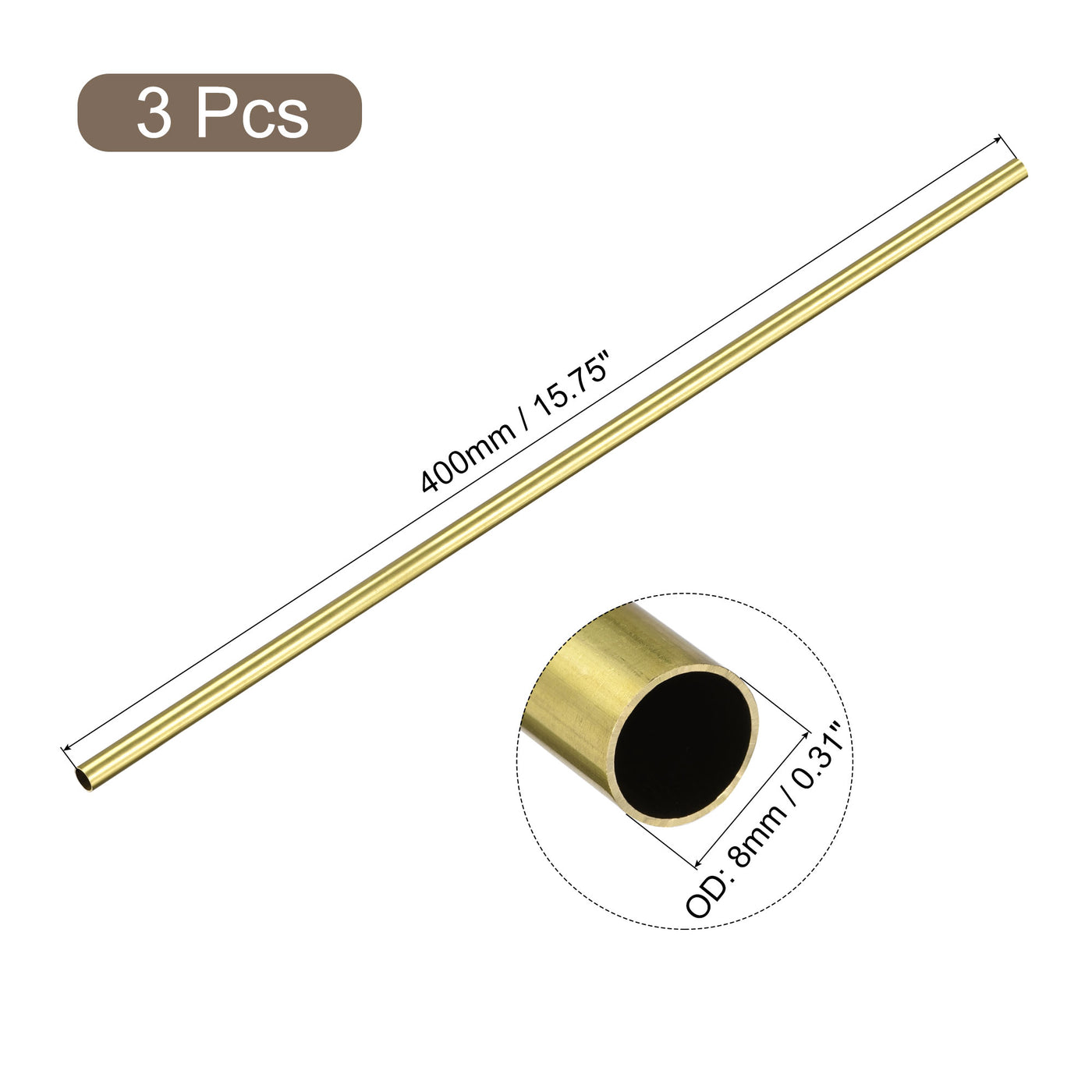 uxcell Uxcell 3Pcs 8mm x 0.5mm x 400mm Seamless Straight Brass Tube for Industry DIY Projects