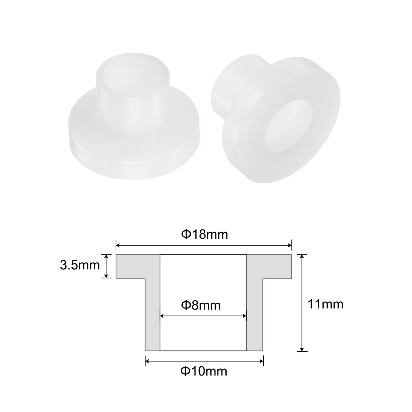 uxcell Uxcell 10pcs Flanged Sleeve Bearings 8mm ID 10mm OD 11mm Length Nylon Bushings, White