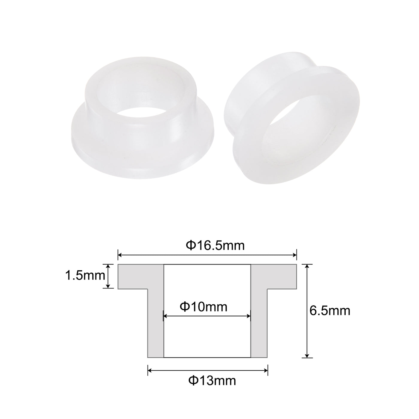 uxcell Uxcell 4pcs Flanged Sleeve Bearings 10mm ID 13mm OD 6.5mm Length Nylon Bushings, White