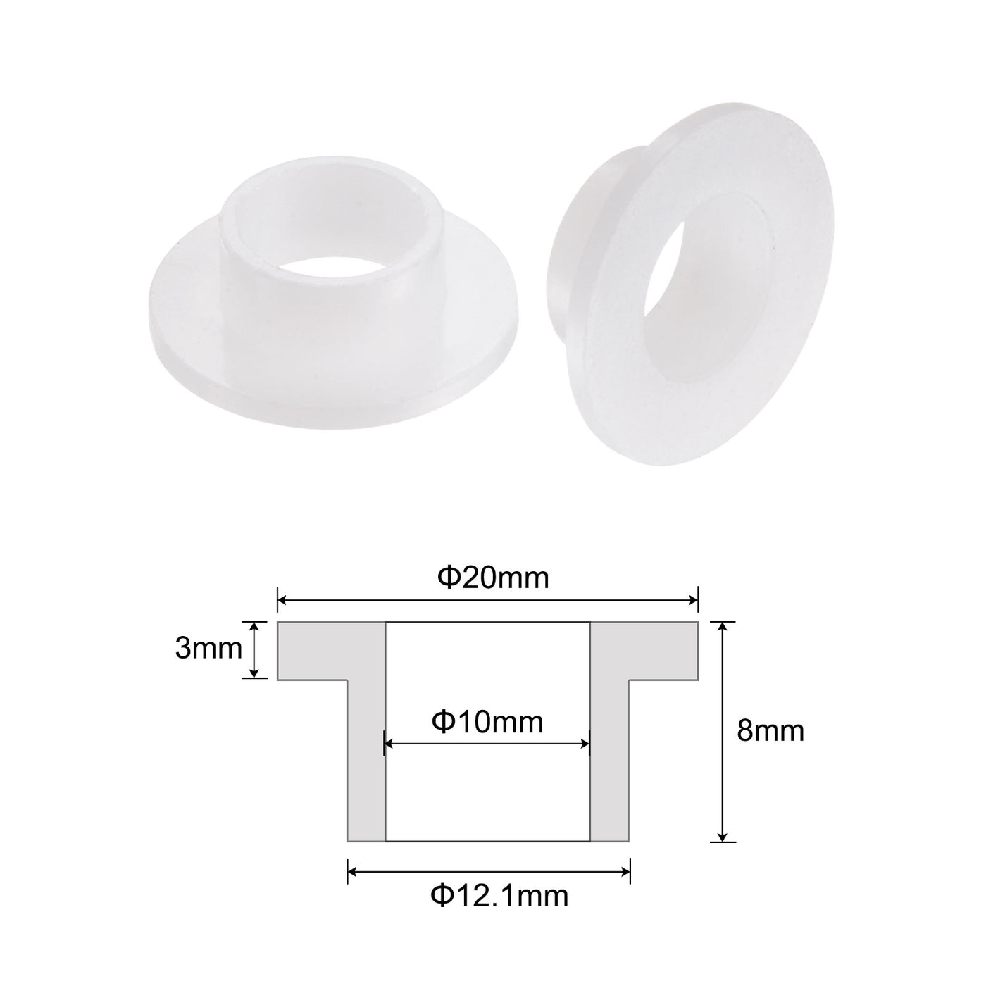 uxcell Uxcell 4pcs Flanged Sleeve Bearings 10mm ID 12.1mm OD 8mm Length Nylon Bushing, White
