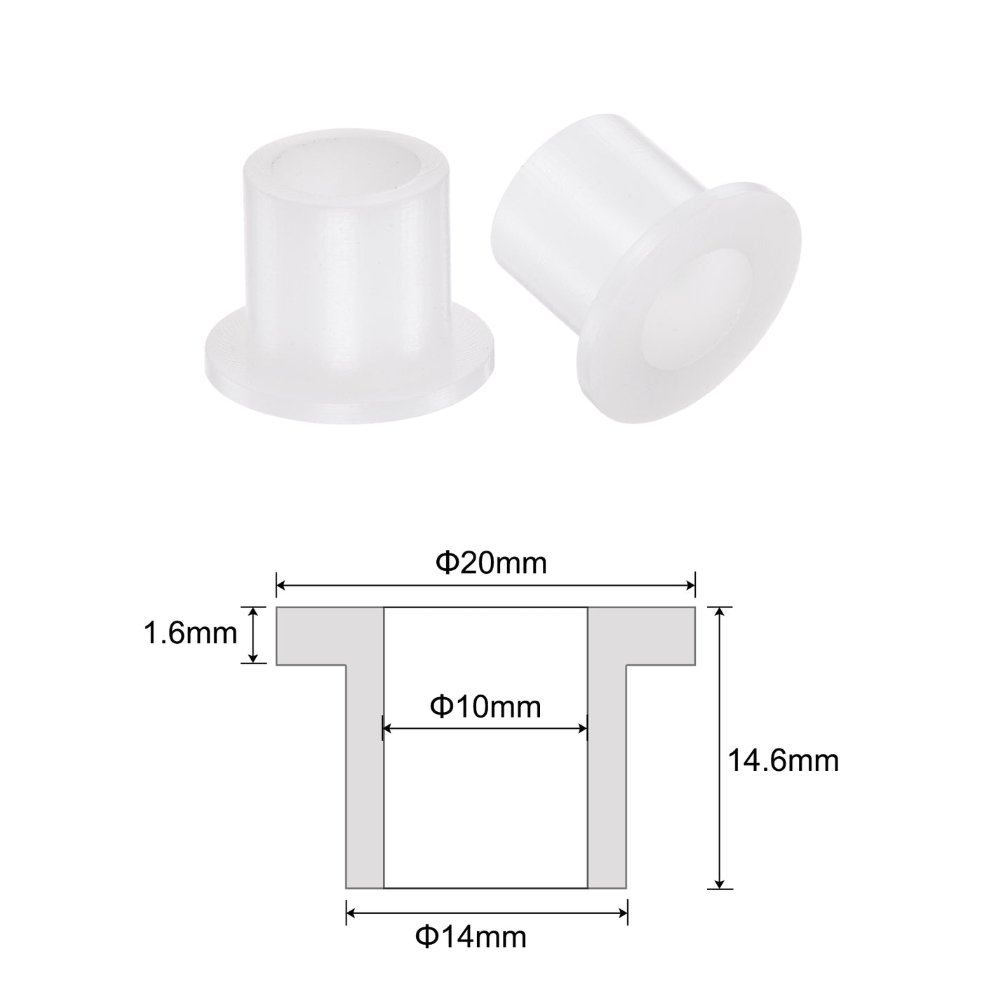 uxcell Uxcell 4pcs Flanged Sleeve Bearings 10mm ID 14mm OD 14.6mm Length Nylon Bushings, White
