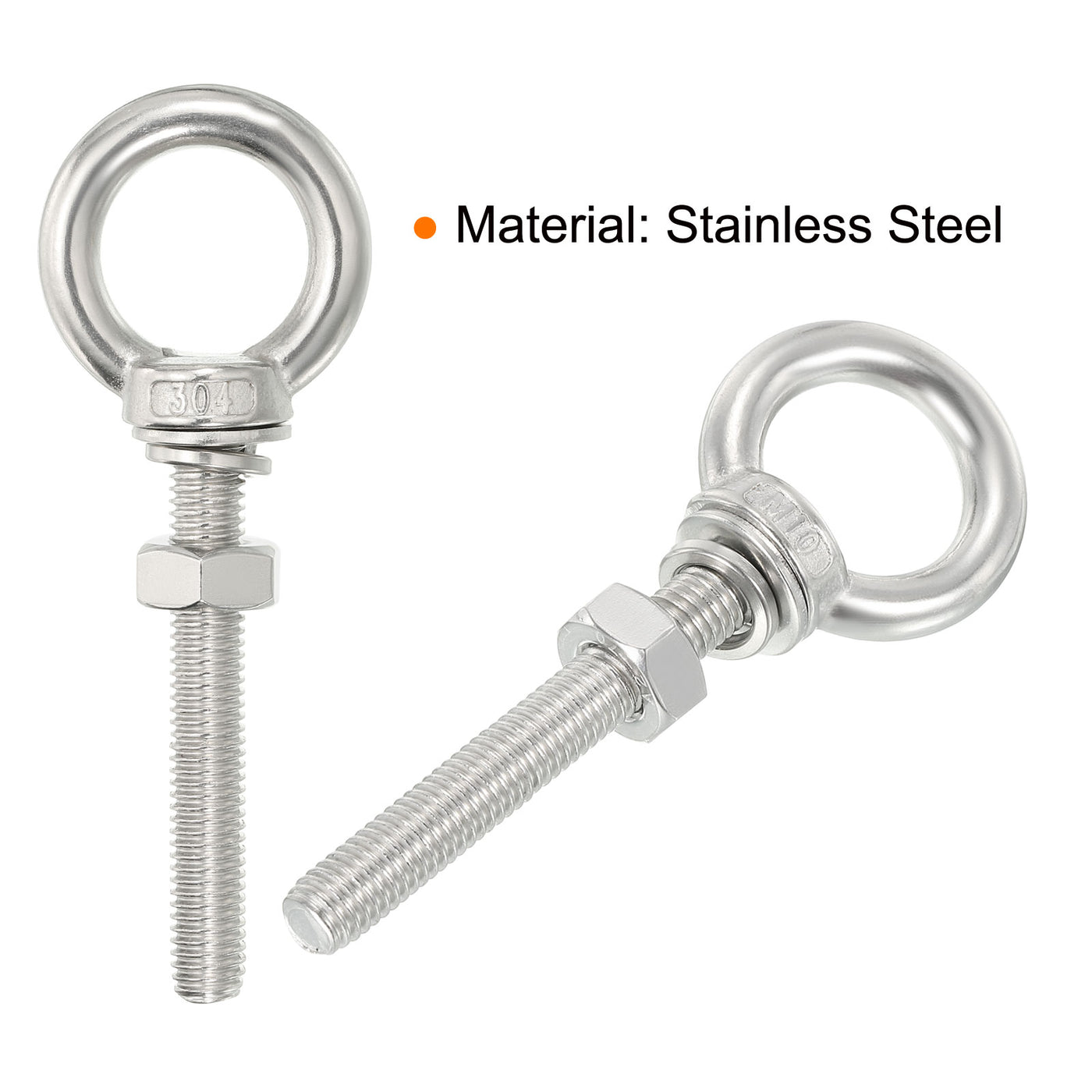 uxcell Uxcell M10x70 3/8"x2.75" Stainless Steel Eye Bolts Threaded Screw Eyebolt Shoulder Ring with Nuts Washers for Lifting Hanging, 2 Set