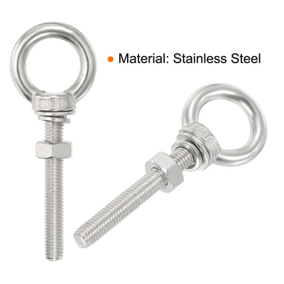 Harfington Uxcell M10x70 3/8"x2.75" Stainless Steel Eye Bolts Threaded Screw Eyebolt Shoulder Ring with Nuts Washers for Lifting Hanging, 2 Set