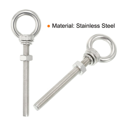 Harfington Uxcell M10x100 3/8"x4" Stainless Steel Eye Bolts Threaded Screw Eyebolt Shoulder Ring with Nuts Washers for Lifting Hanging, 2 Set