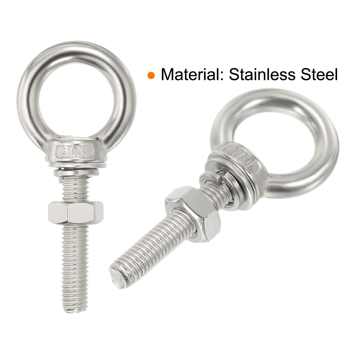 uxcell Uxcell M10x50 3/8"x2" Stainless Steel Eye Bolts Threaded Screw Eyebolt Shoulder Ring with Nuts Washers for Lifting Hanging, 2 Set