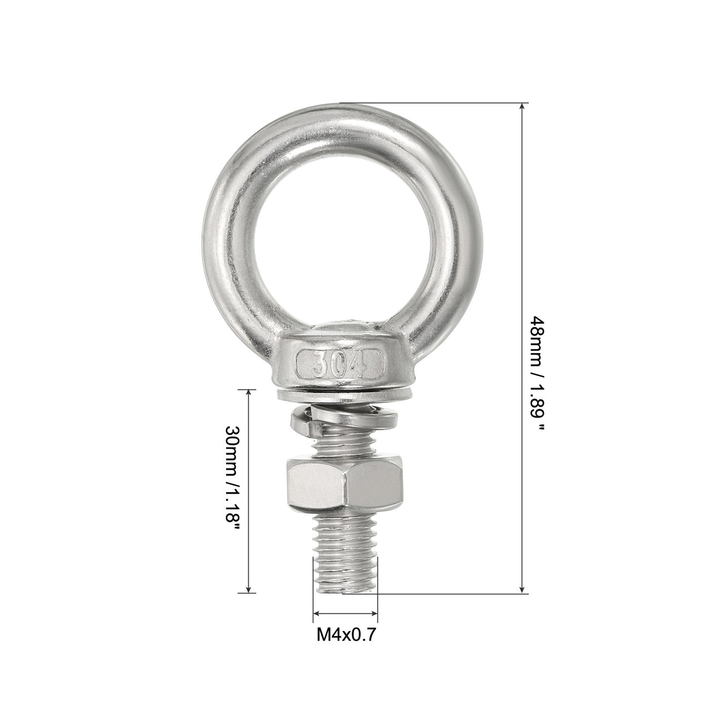 uxcell Uxcell M4x30 3/16"x1.18" Stainless Steel Eye Bolts Threaded Screw Eyebolt Shoulder Ring with Nuts Washers for Lifting Hanging, 4 Set