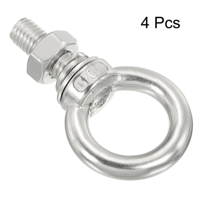 Harfington Uxcell M4x30 3/16"x1.18" Stainless Steel Eye Bolts Threaded Screw Eyebolt Shoulder Ring with Nuts Washers for Lifting Hanging, 4 Set